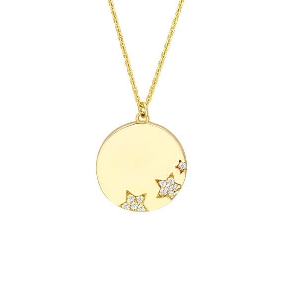 14K Solid Yellow Gold Diamond Star Stars Medallion Necklace Adjustable